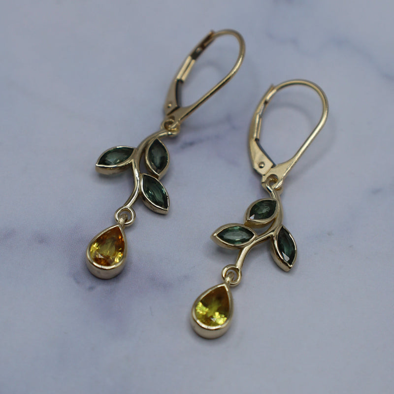 Vine Dangle Earrings w Green + Yellow Sapphires