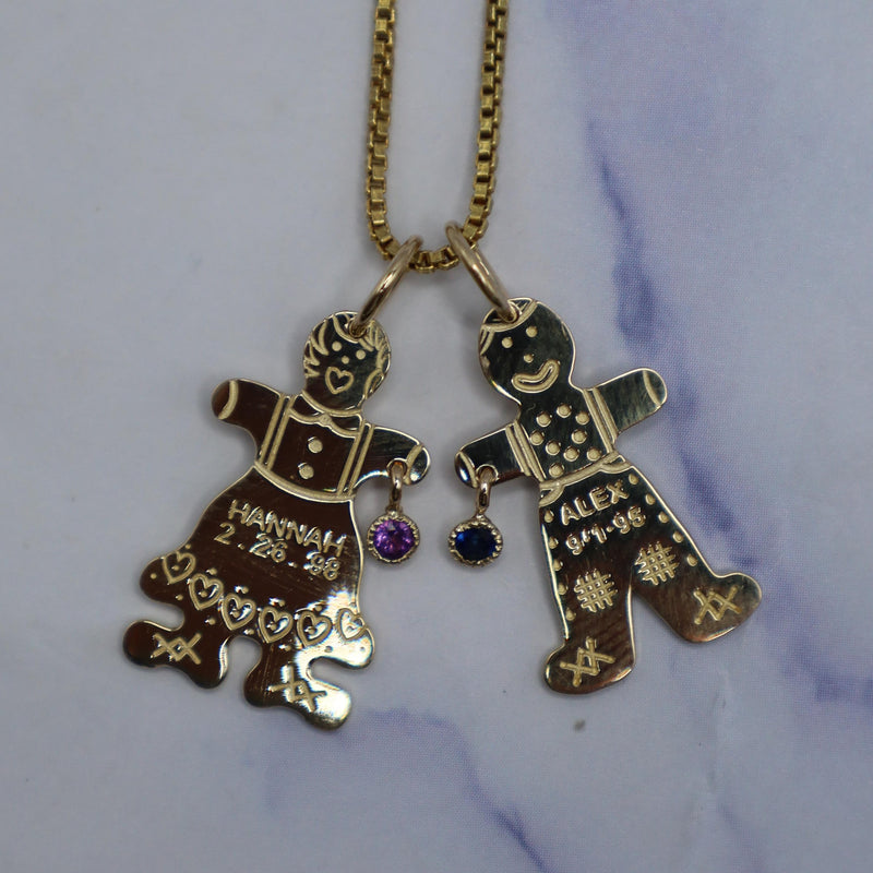Baby Portrait Charms w Birth Stones in Yellow Gold
