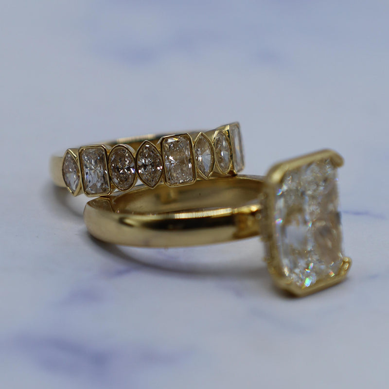 Radiant Cut Engagement Ring w Mixed Diamond Band