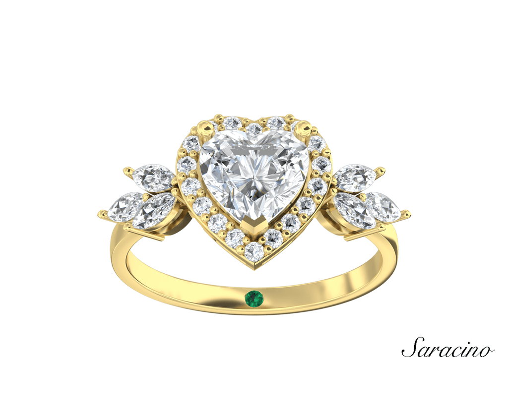 1.5ct Heart Diamond Engagement Ring w Marquise Floral Diamonds Yellow Gold