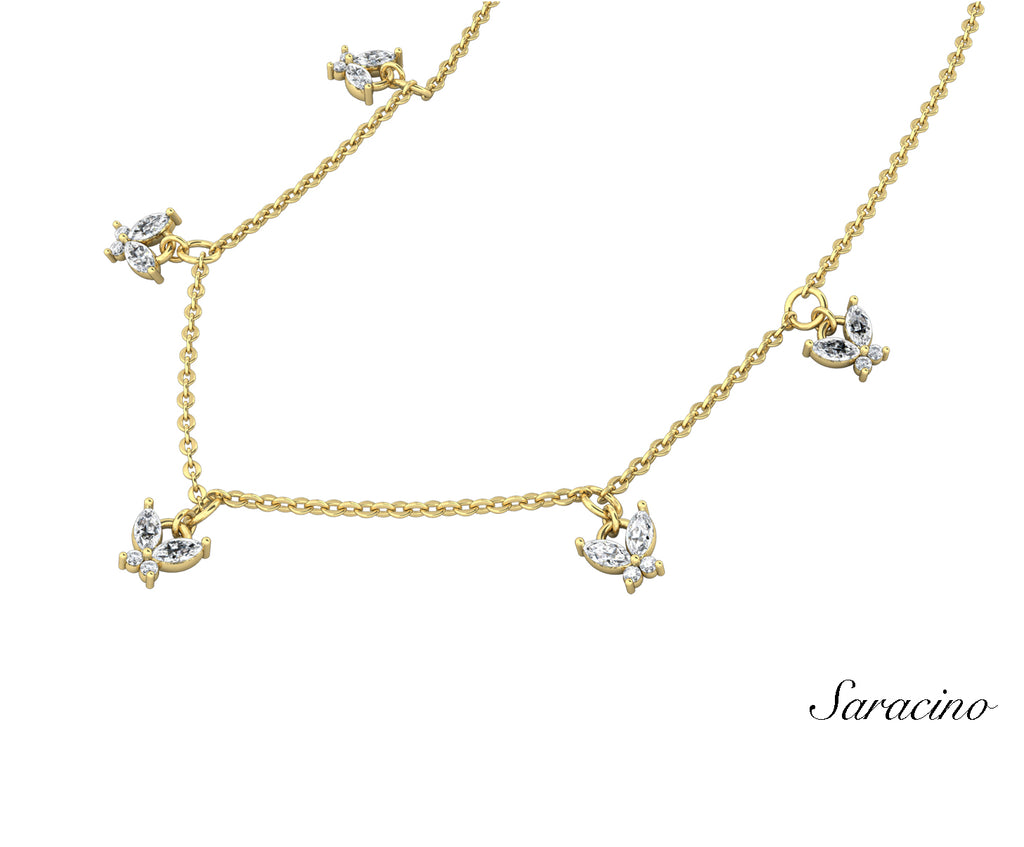 Marquise Diamond 5 Butterfly Necklace Yellow Gold