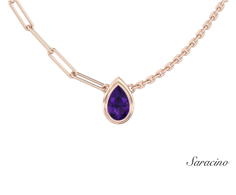 Double Chain Pear Amethyst Necklace Rose Gold