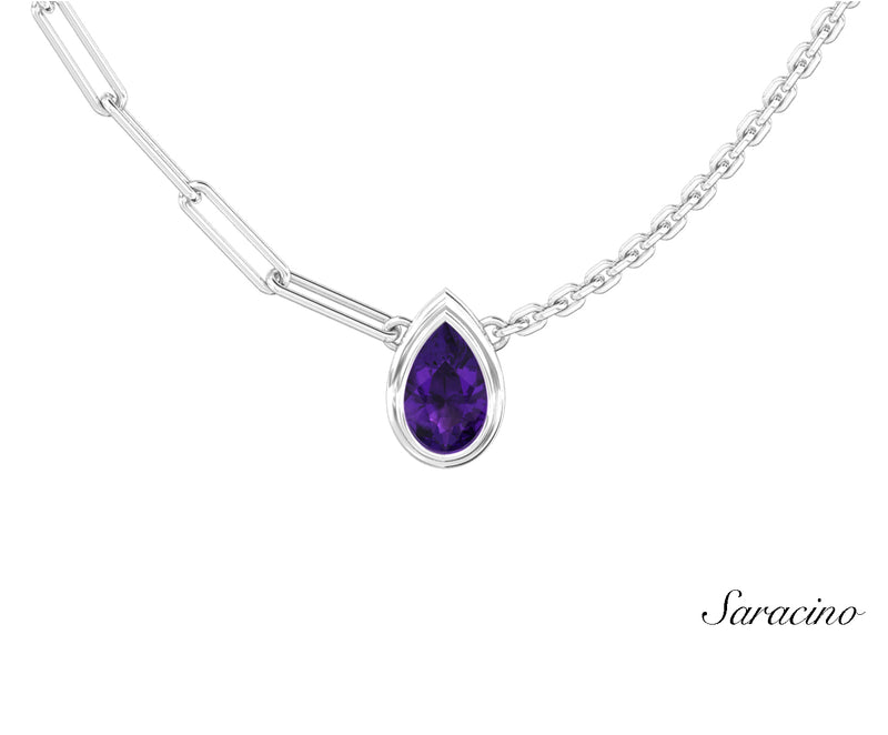 Double Chain Pear Amethyst Necklace White Gold