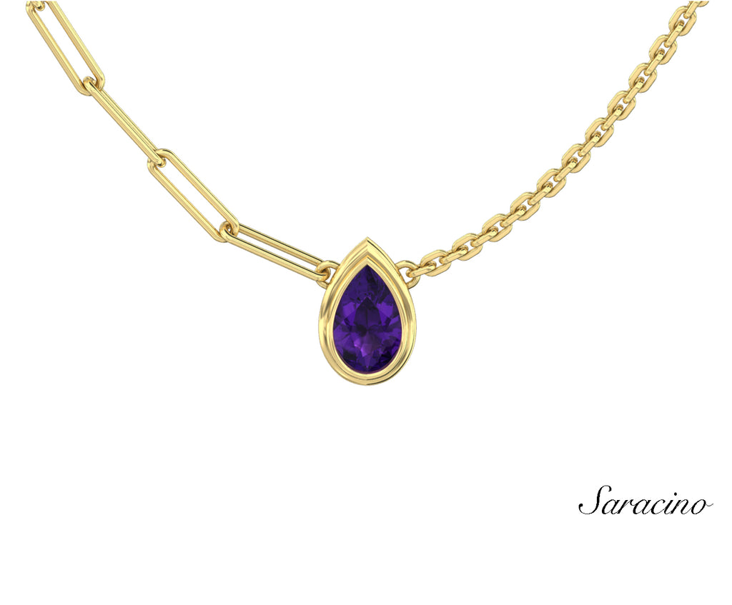 Double Chain Pear Amethyst Necklace Yellow Gold