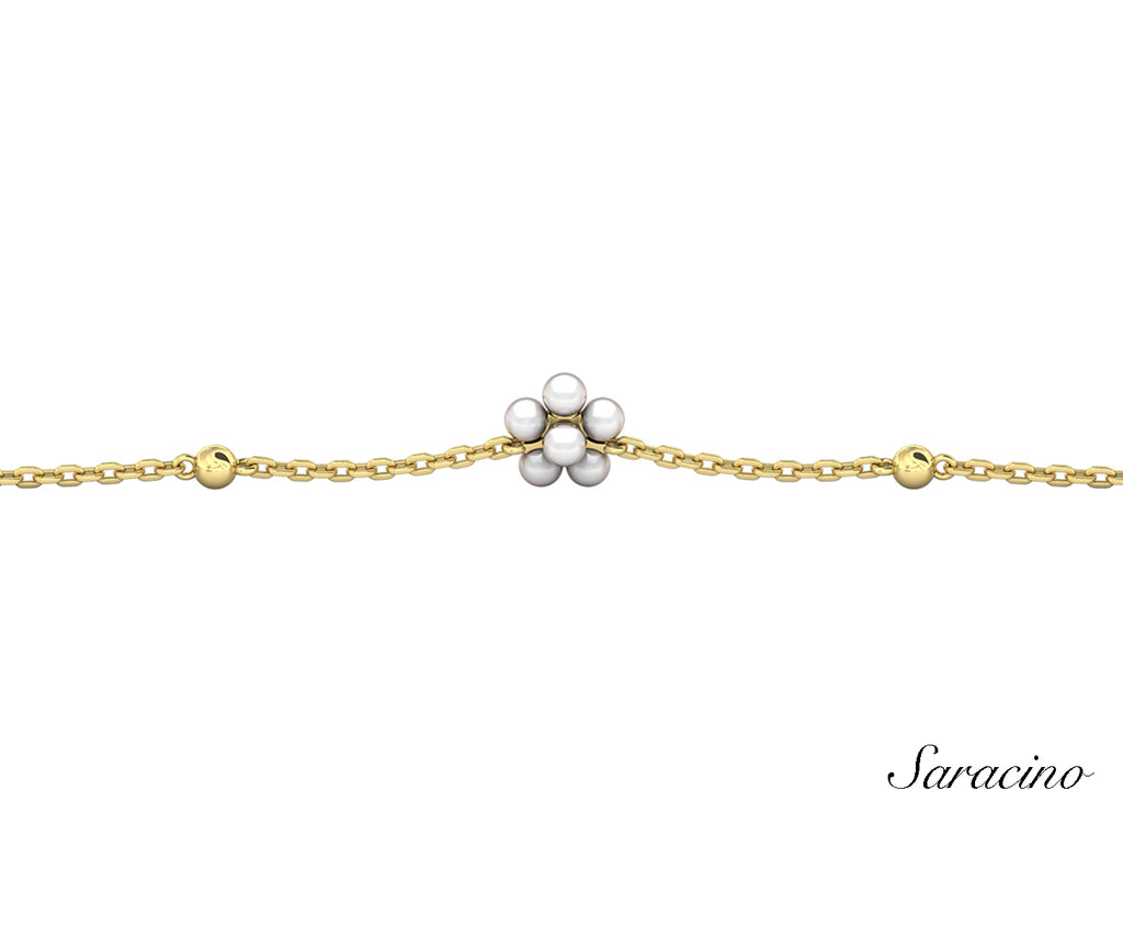 Pearl Flower Beaded Bracelet Yellow Gold