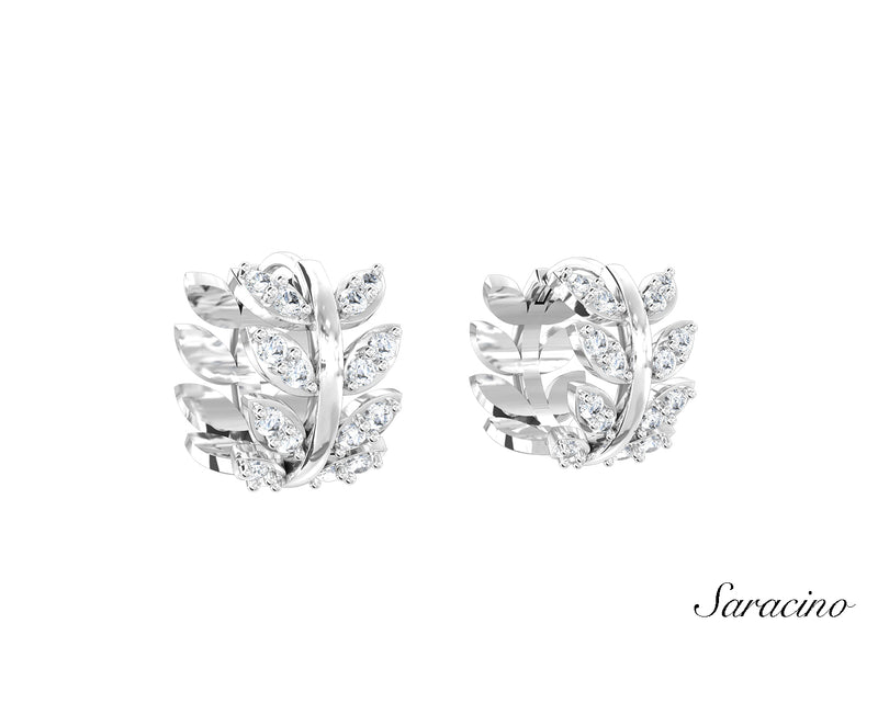 Diamond Leaf Huggie Earrings White Gold