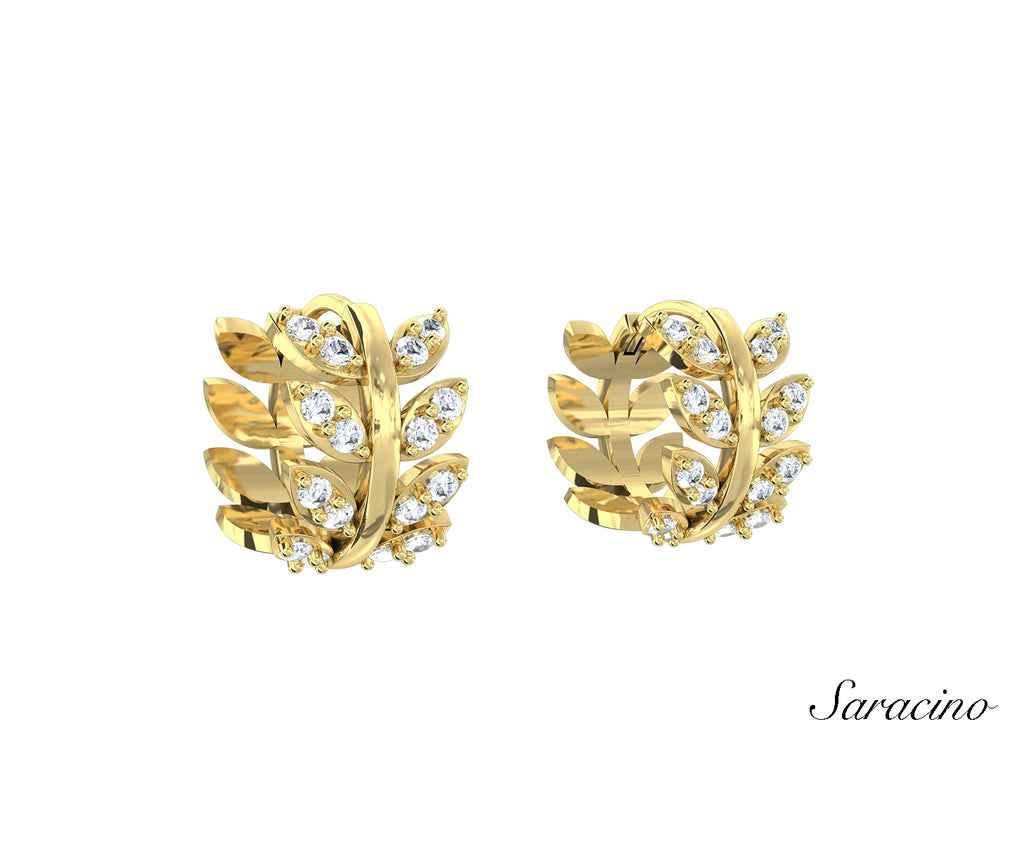 Diamond Leaf Huggie Earrings Yellow Gold