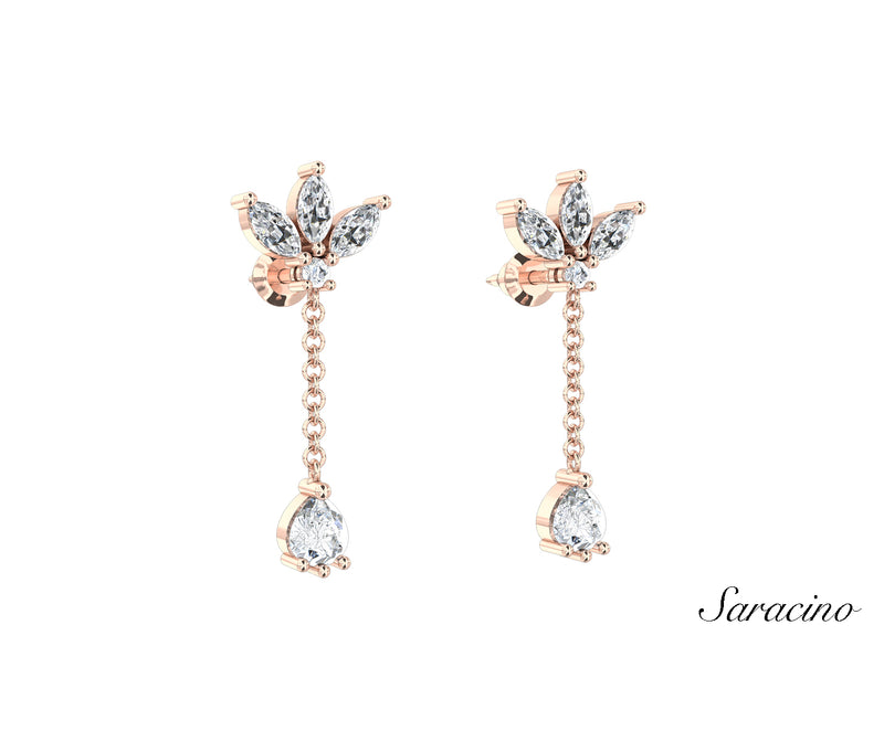 Marquise Diamond Stud Earrings w Diamond Dangle Rose Gold