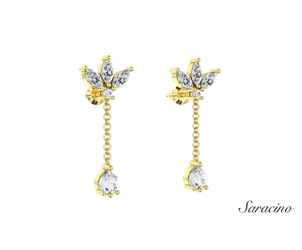 Marquise Diamond Stud Earrings w Diamond Dangle Yellow Gold