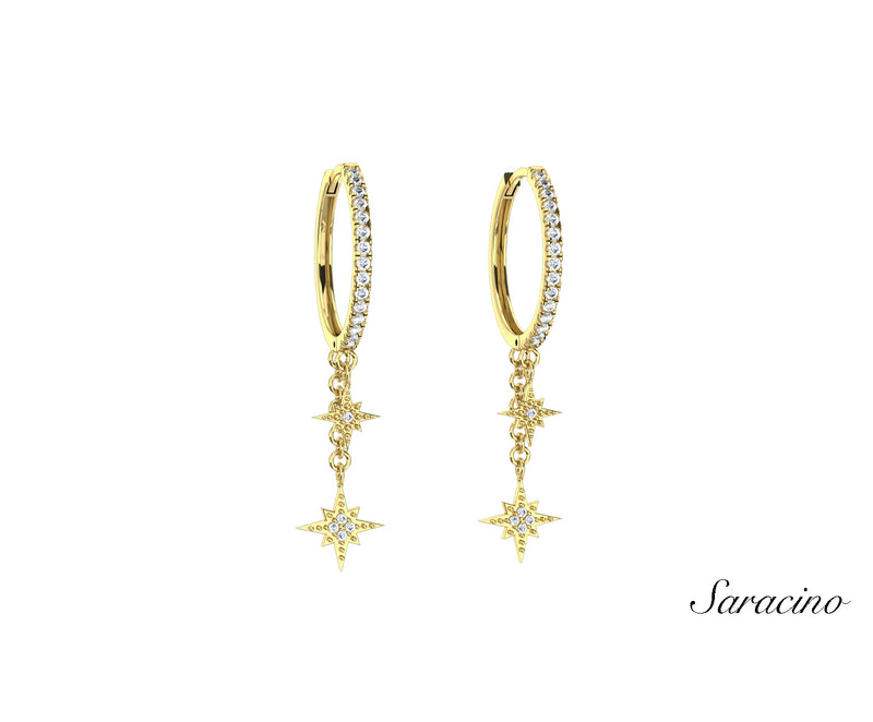 Fireworks Diamond Huggie Dangle Earrings Yellow Gold