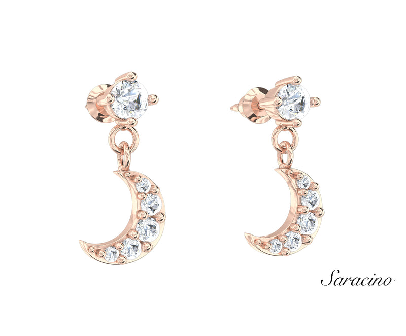 Diamond Stud Earrings w Diamond Moon Rose Gold