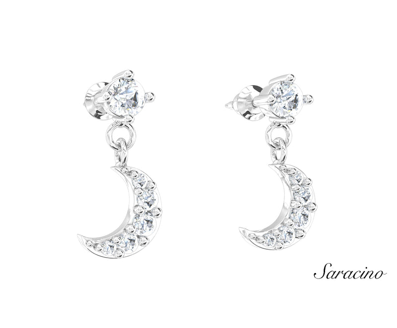 Diamond Stud Earrings w Diamond Moon White Gold