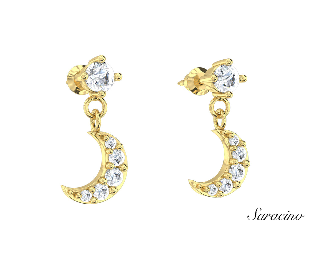 Diamond Stud Earrings w Diamond Moon Yellow Gold