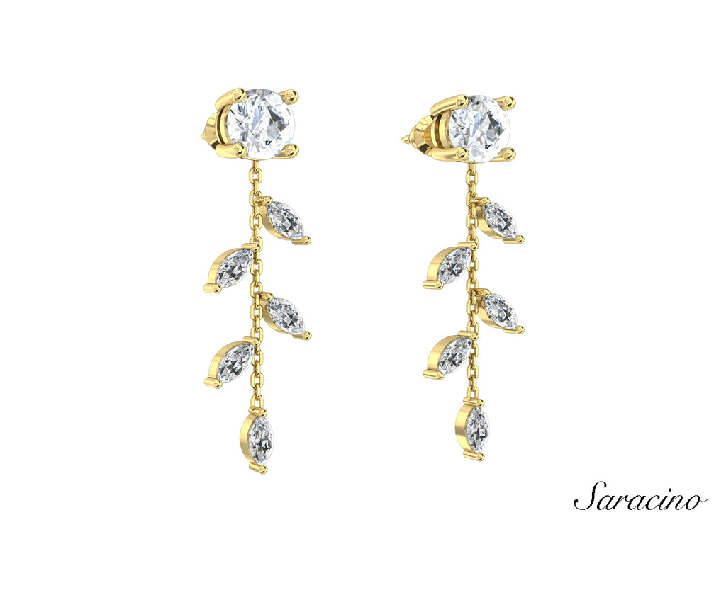 Diamond Stud Earrings w Marquise Vine Yellow Gold