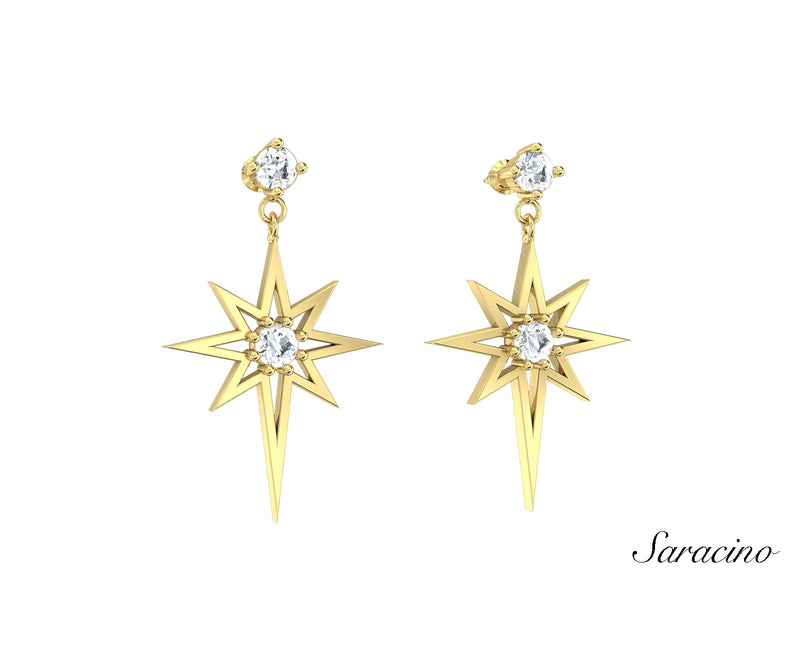 Diamond Stud Earring w Diamond Star Yellow Gold