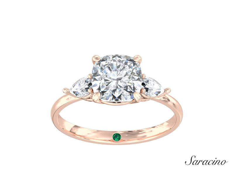 2.0ct Cushion Cut Diamond Engagement Ring w Pear Cut Diamond Side Stones Rose Gold
