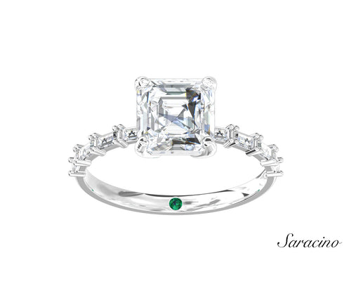 2.0ct Asscher Cut Diamond Engagement Ring w Baguette Diamond Band White Gold