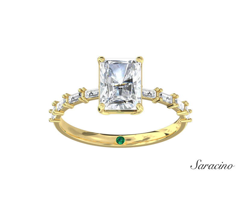 2.0ct Radiant Cut Diamond Engagement Ring w Baguette Diamond Band Yellow Gold