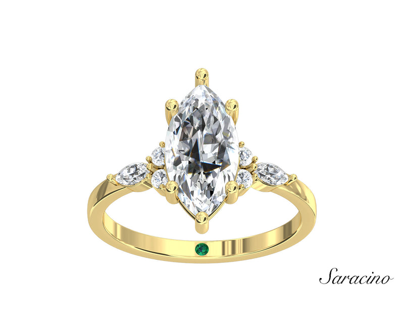 2.0ct Marquise Diamond Engagement Ring w Marquise Side Diamonds Yellow Gold