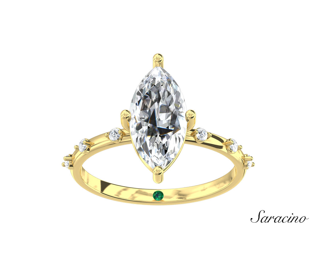 2.0ct Marquise Diamond Engagement Ring w Scattered Diamond Band Yellow Gold