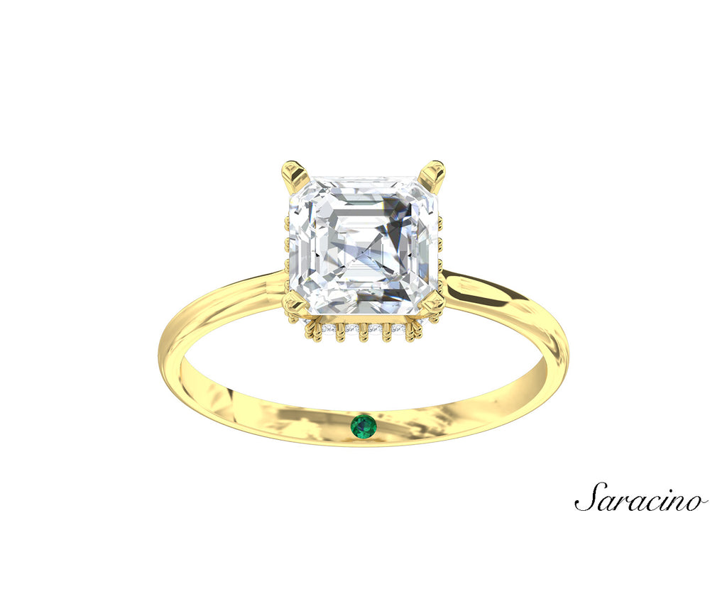 2.0ct Asscher Cut Diamond Engagement Ring w Hidden Halo Yellow Gold