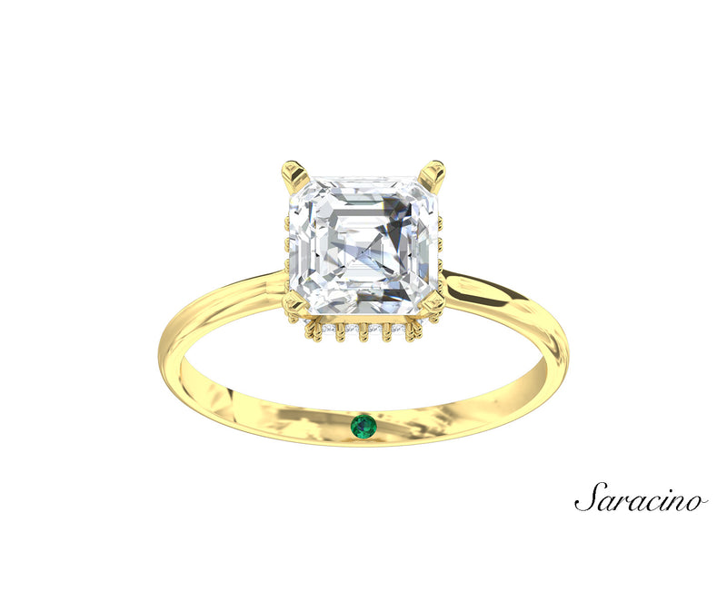 2.0ct Asscher Cut Diamond Engagement Ring w Hidden Halo Yellow Gold