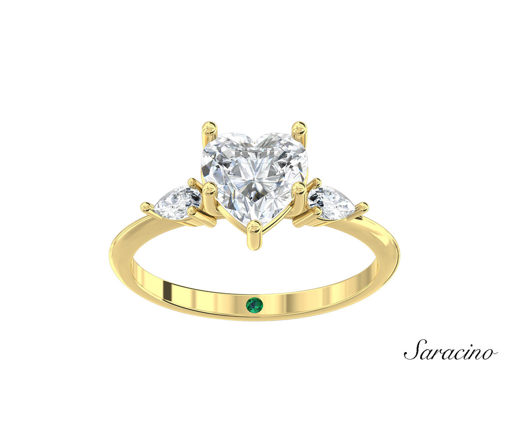 1.5ct Heart Shaped Diamond Engagement Ring w Pear Side Stones Yellow Gold