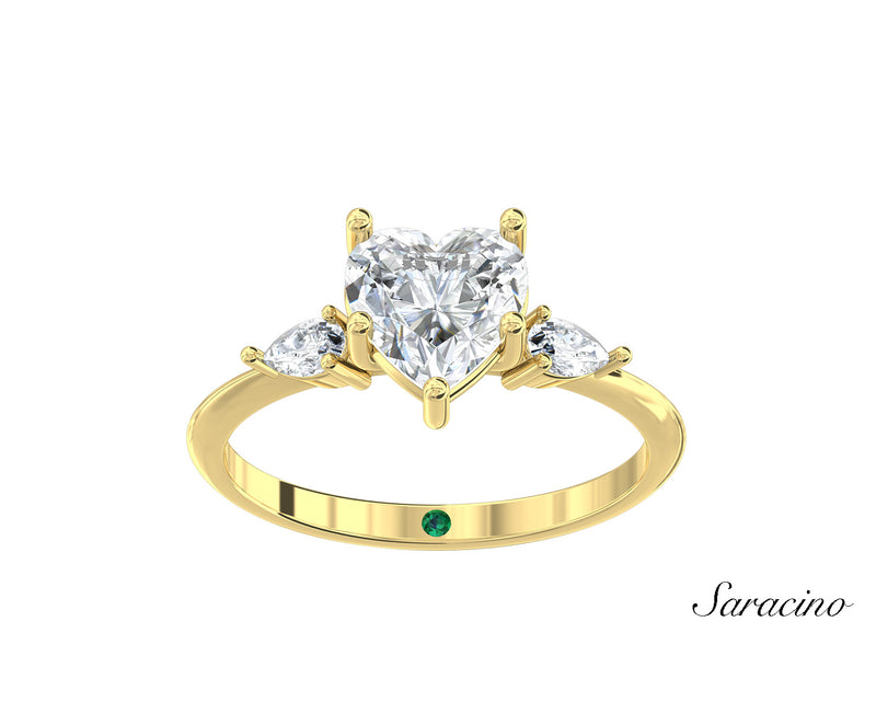 1.5ct Heart Shaped Diamond Engagement Ring w Pear Side Stones Yellow Gold