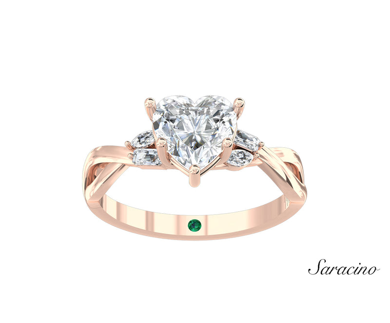 1.5ct Heart Shaped Diamond Engagement Ring w Twisted Marquise Diamonds Rose Gold