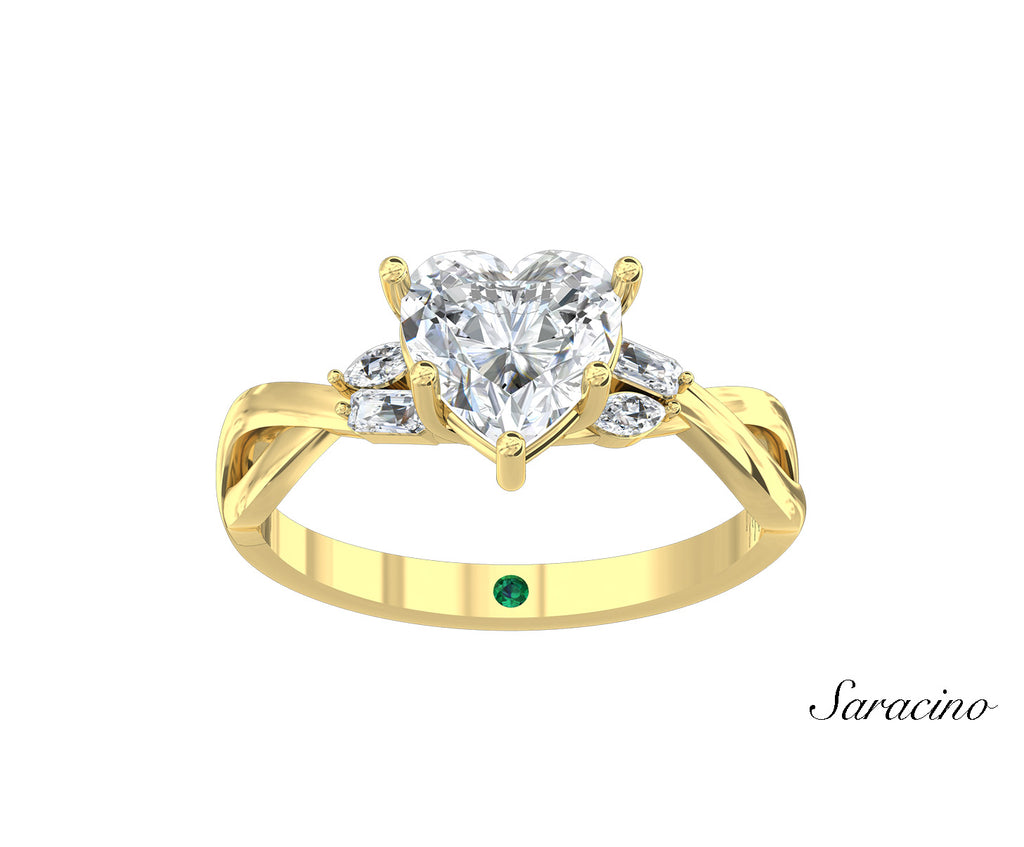 1.5ct Heart Shaped Diamond Engagement Ring w Twisted Marquise Diamonds Yellow Gold