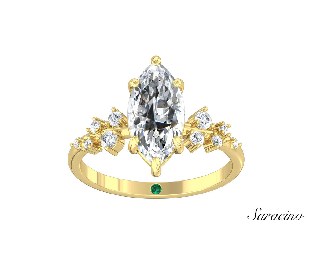 2.0ct Marquise Diamond Engagement Ring w Scattered Diamond Band Yellow Gold