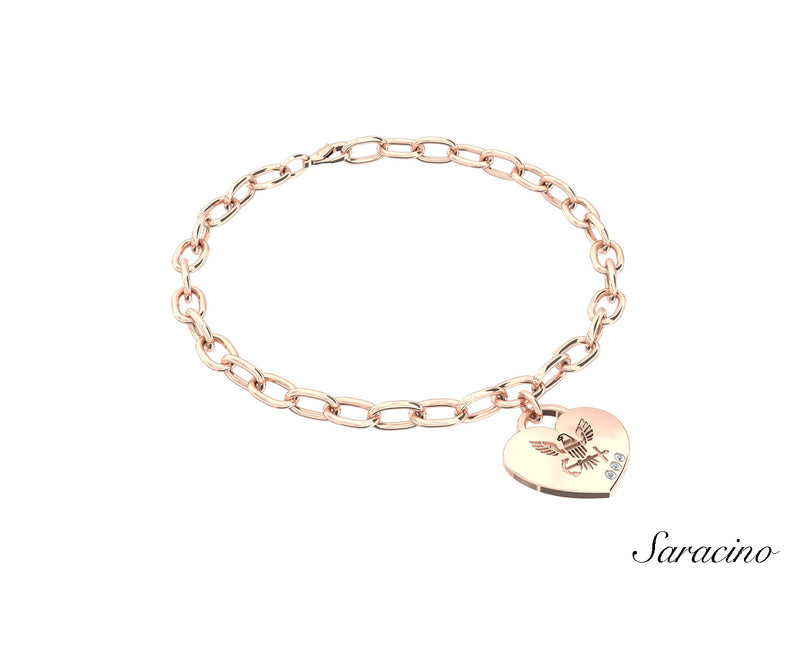 US Navy Heart Charm Bracelet w 3 Diamonds Rose Gold