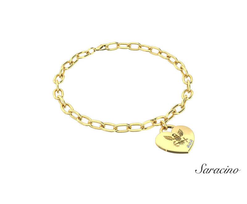 US Navy Heart Charm Bracelet w 3 Diamonds Yellow Gold