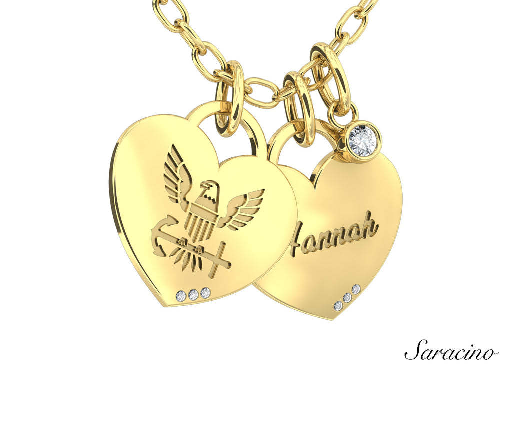 US Navy Heart Charms w Bezel Diamond Necklace Yellow Gold