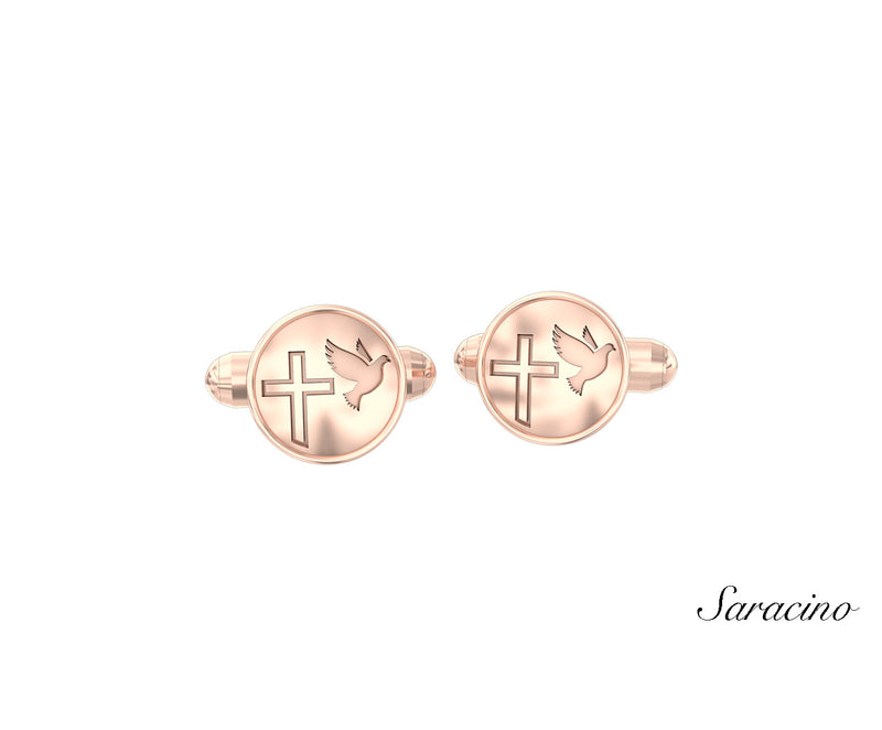 Cross and Dove Shield Cufflinks Rose Gold