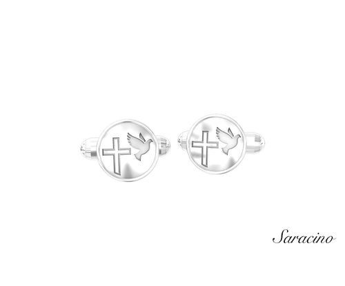 Cross and Dove Shield Cufflinks White Gold