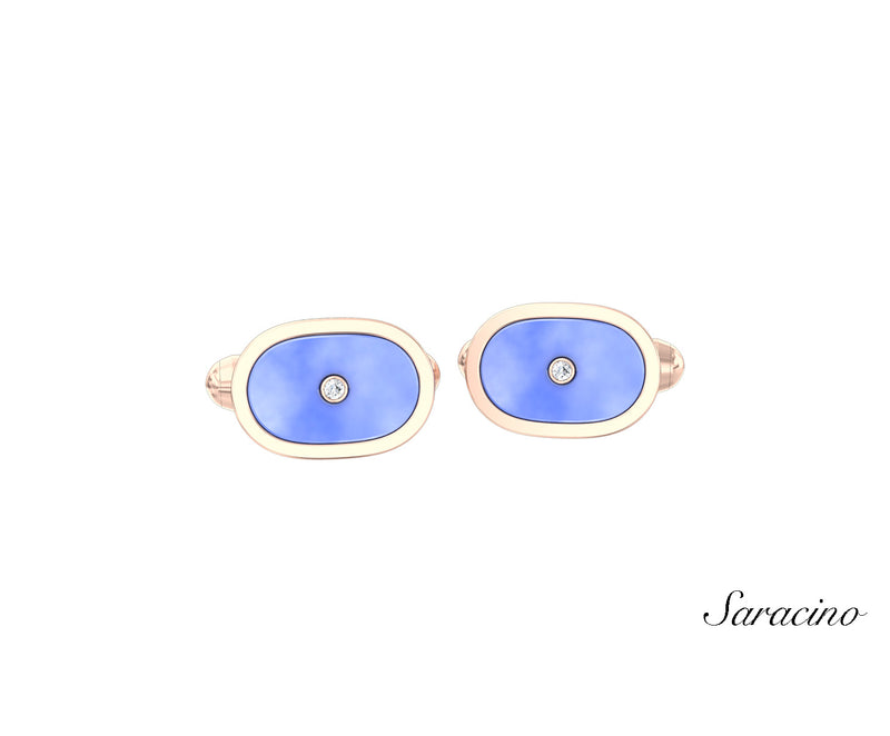 Oval Cufflinks w Enamel and Center Diamond Rose Gold