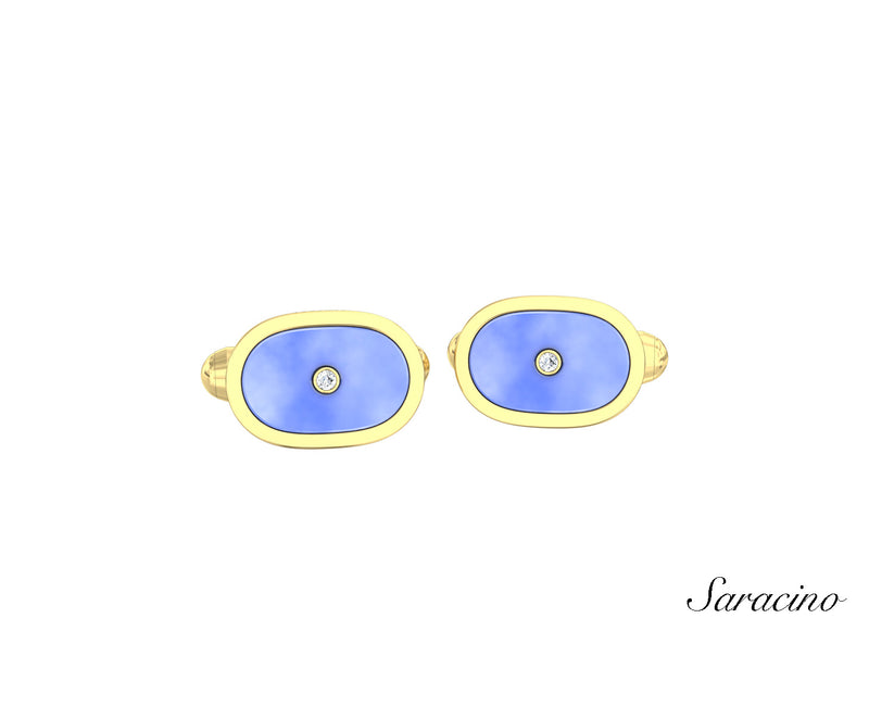 Oval Cufflinks w Enamel and Center Diamond Yellow Gold