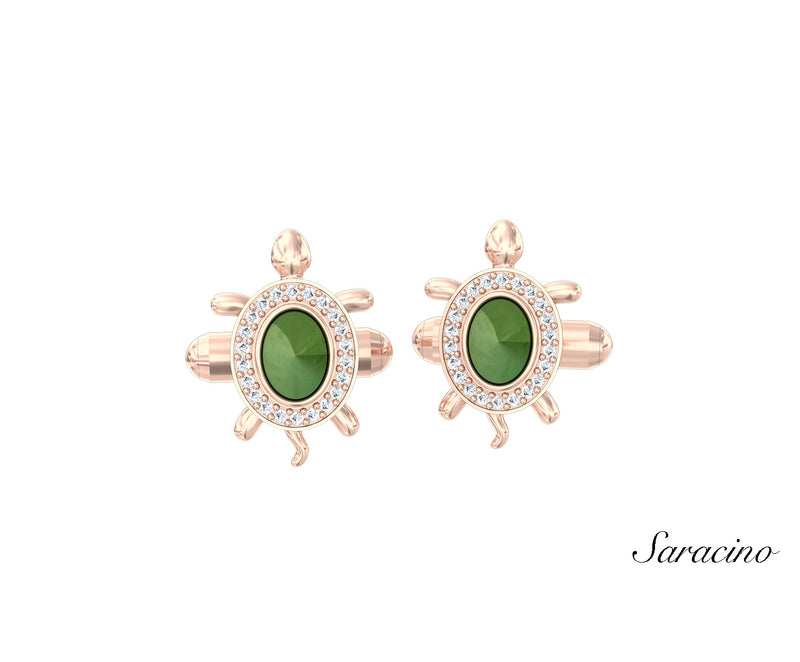 Jade and Diamond Turtle Cufflinks Rose Gold