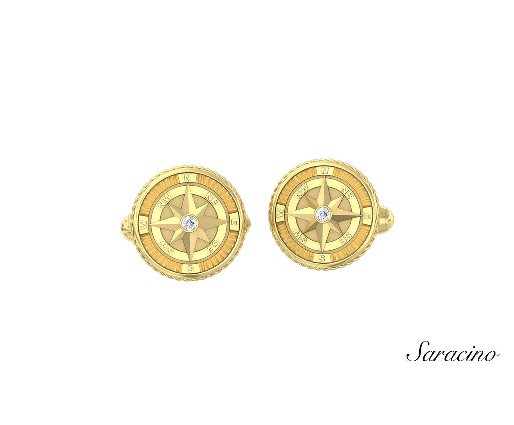 Compass Cufflinks with Diamond Yellow Gold