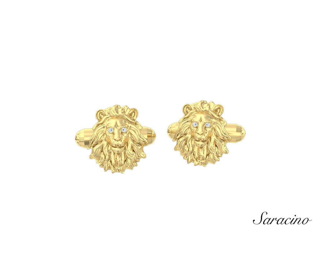 Lion Face Cufflinks w Diamond Eyes Yellow Gold