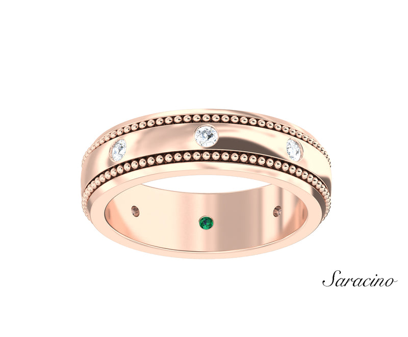 2 Row Beaded Inlay Wedding Band w Bezel Set Diamonds Rose Gold
