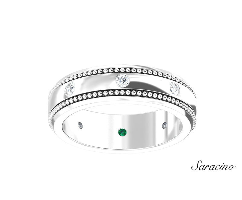 2 Row Beaded Inlay Wedding Band w Bezel Set Diamonds White Gold