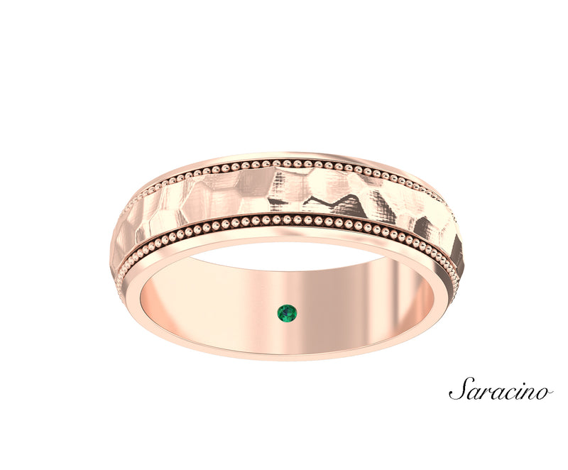 2 Row Beaded Inlay Wedding Band w Hammer Finish Rose Gold