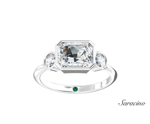 2ct Emerald Cut Bezel Set Diamond Engagement Ring w Bezel Set Round Side Diamonds White Gold