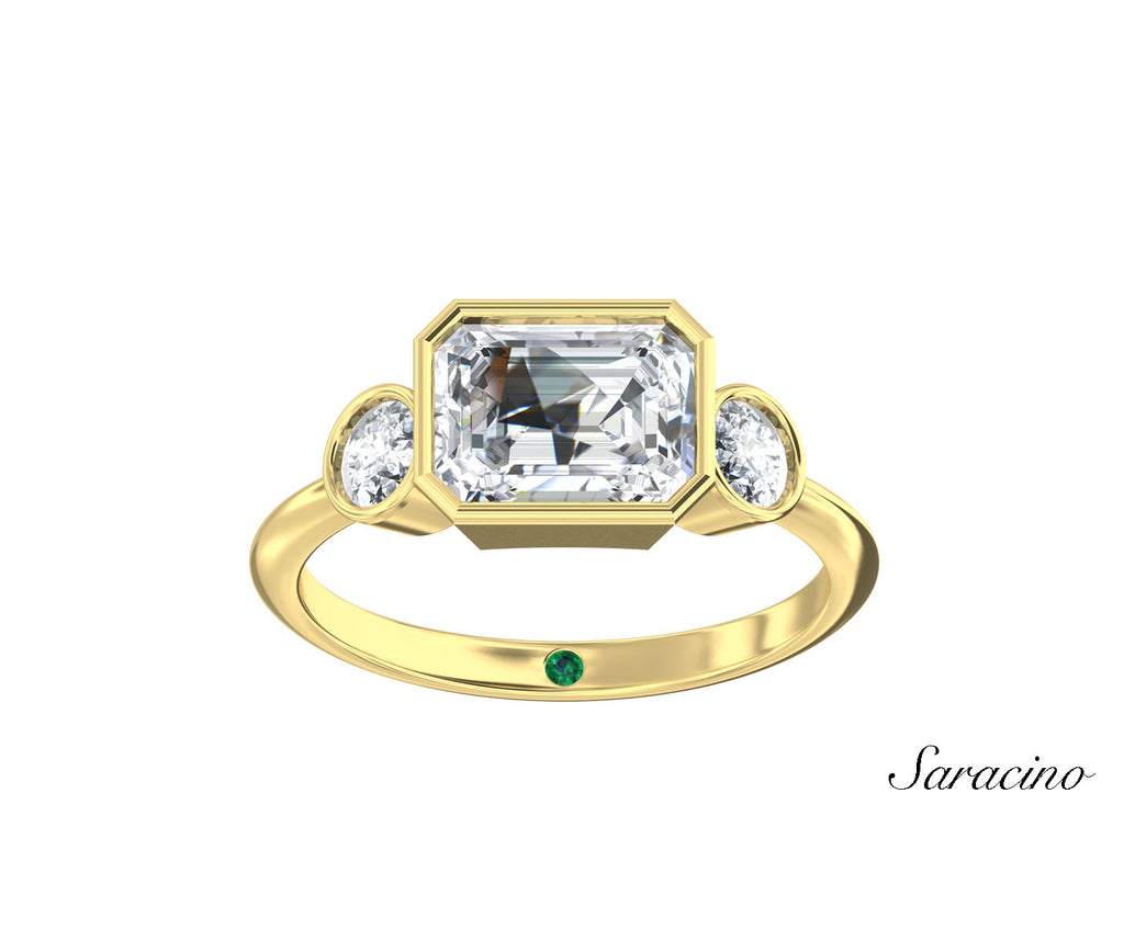 2ct Emerald Cut Bezel Set Diamond Engagement Ring w Bezel Set Round Side Diamonds Yellow Gold