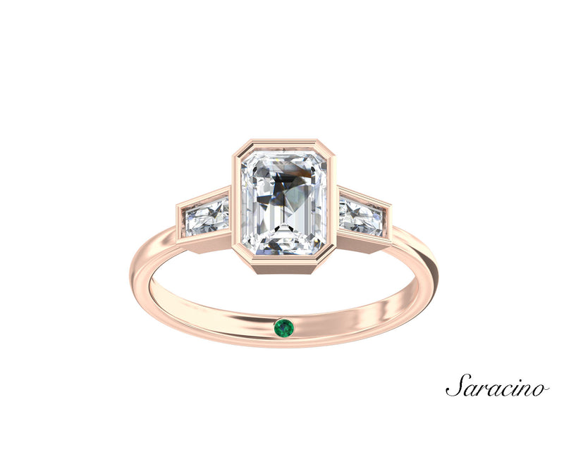 2ct Emerald Cut Bezel Set Diamond Engagement Ring w Tapered Baguette Diamond Side Diamonds Rose Gold