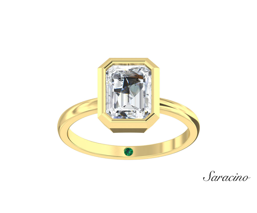 2ct Emerald Cut Diamond Bezel Set Engagement Ring Yellow Gold