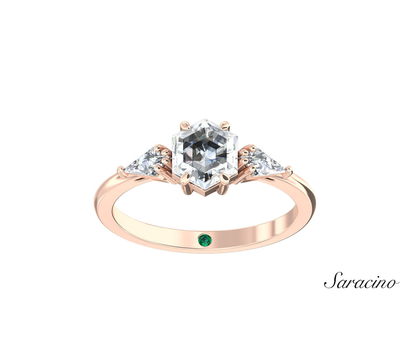 2ct Hexagon Diamond Engagement Ring w Kite Side Diamonds Rose Gold