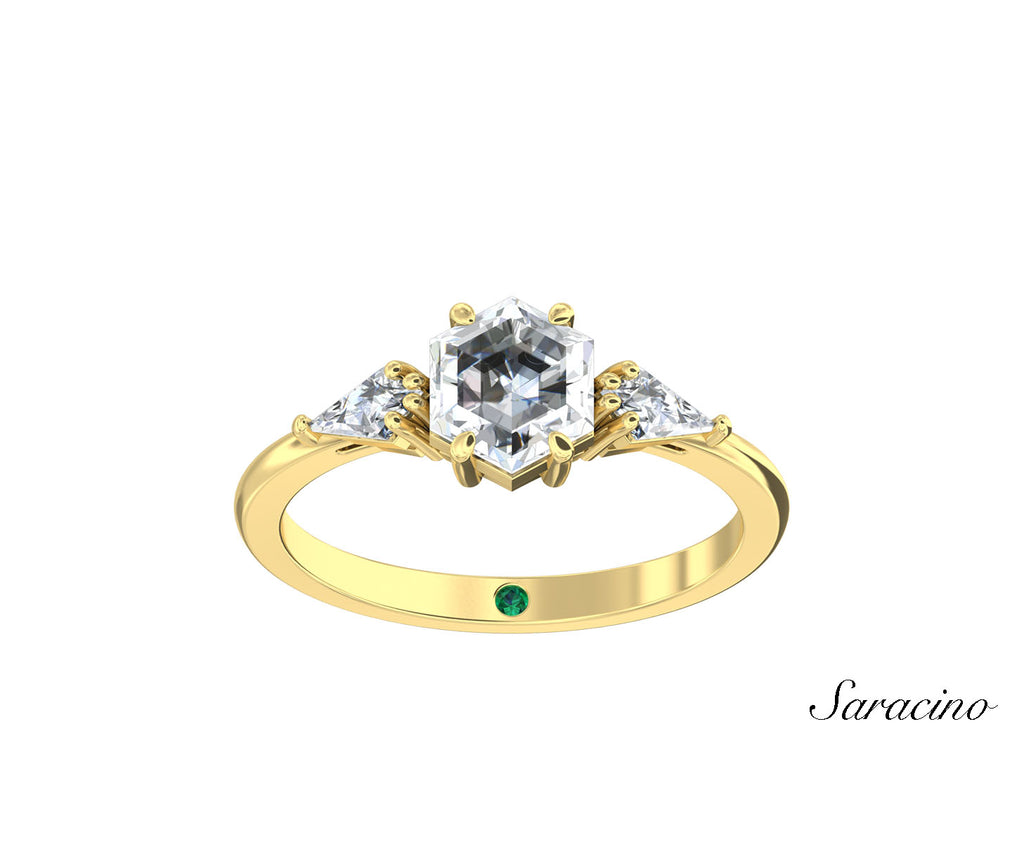 2ct Hexagon Diamond Engagement Ring w Kite Side Diamonds Yellow Gold